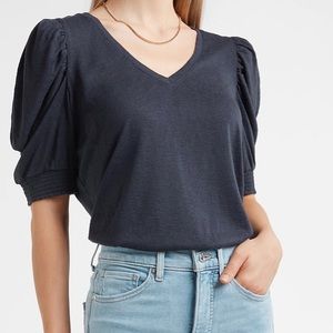 Smocked Puff Sleeve V-Neck Tee